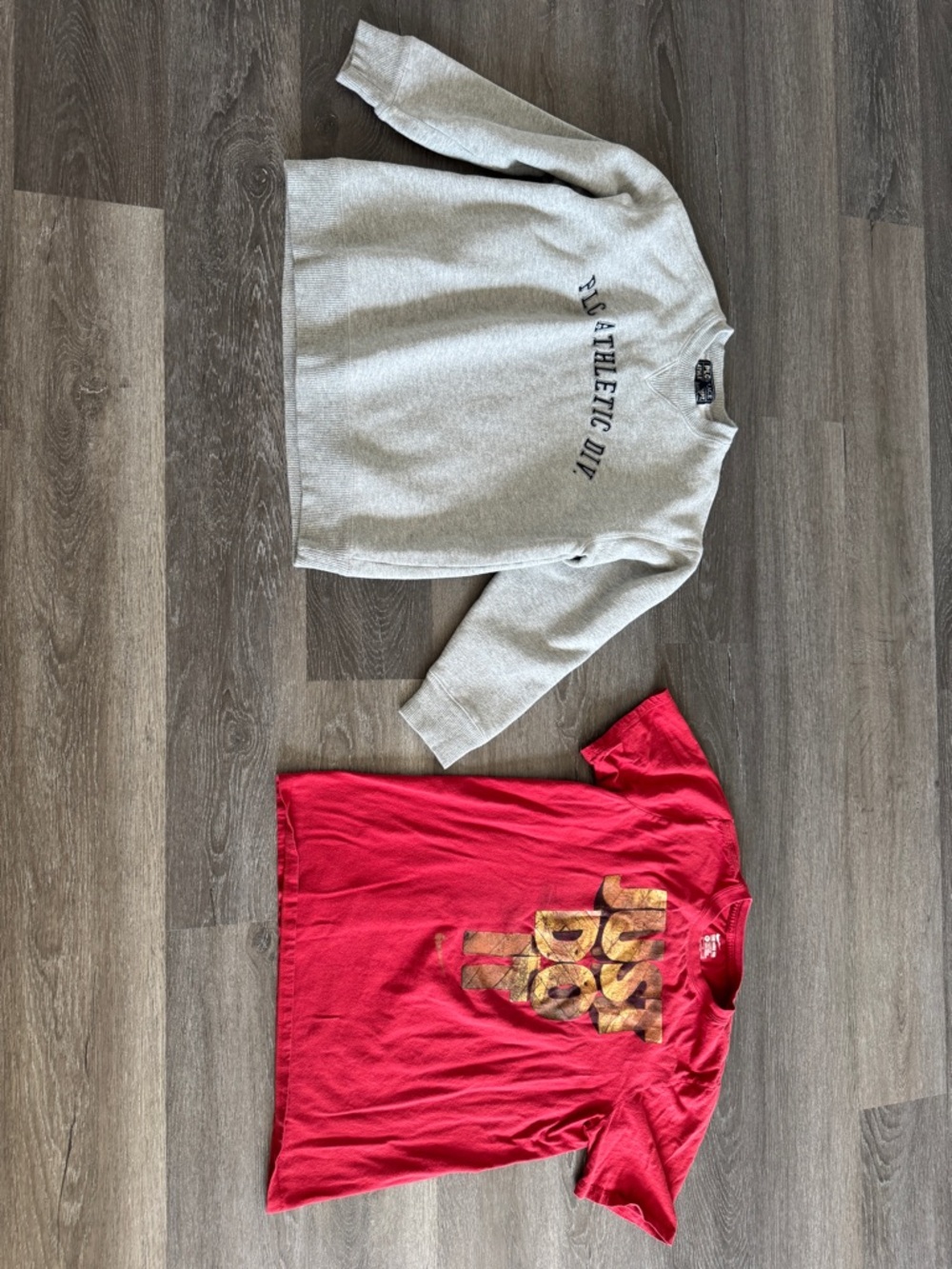 Nike Red T shirt and Children’s Place sweatshirt.